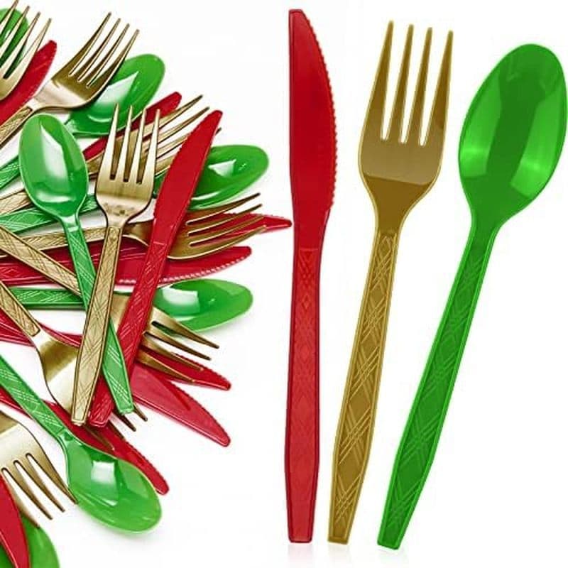 Conjunto De Talheres De Plástico De Natal Com 300 Peças , Utensílios Descartáveis , Incluindo 100 Facas Vermelhas , 100