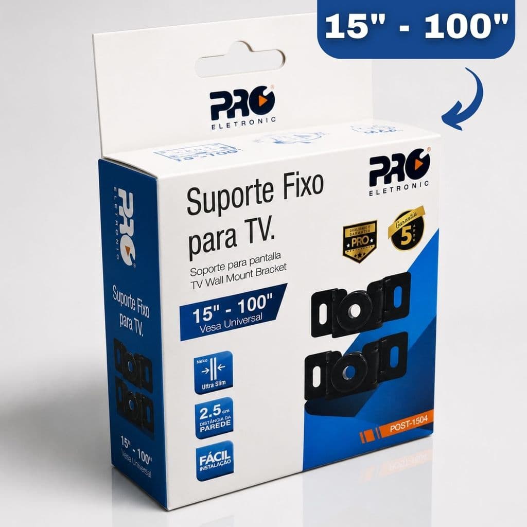 Suporte Universal Fixo Pro Eletronic de 15" - 100" Polegadas P/ Painel & Parede TVs Smart LED | LCD