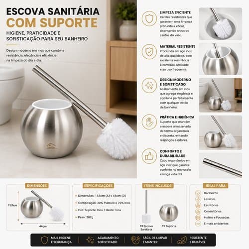 Escova Sanitária Banheiro Suporte Inox Resistente Limpeza Prática