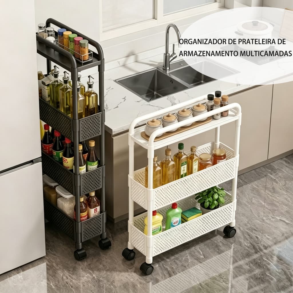 Carrinho Organizador Multinível com Rodas, Estante Multicamadas para Cozinha Pequeno Cozinha Banheiro Armazenamento