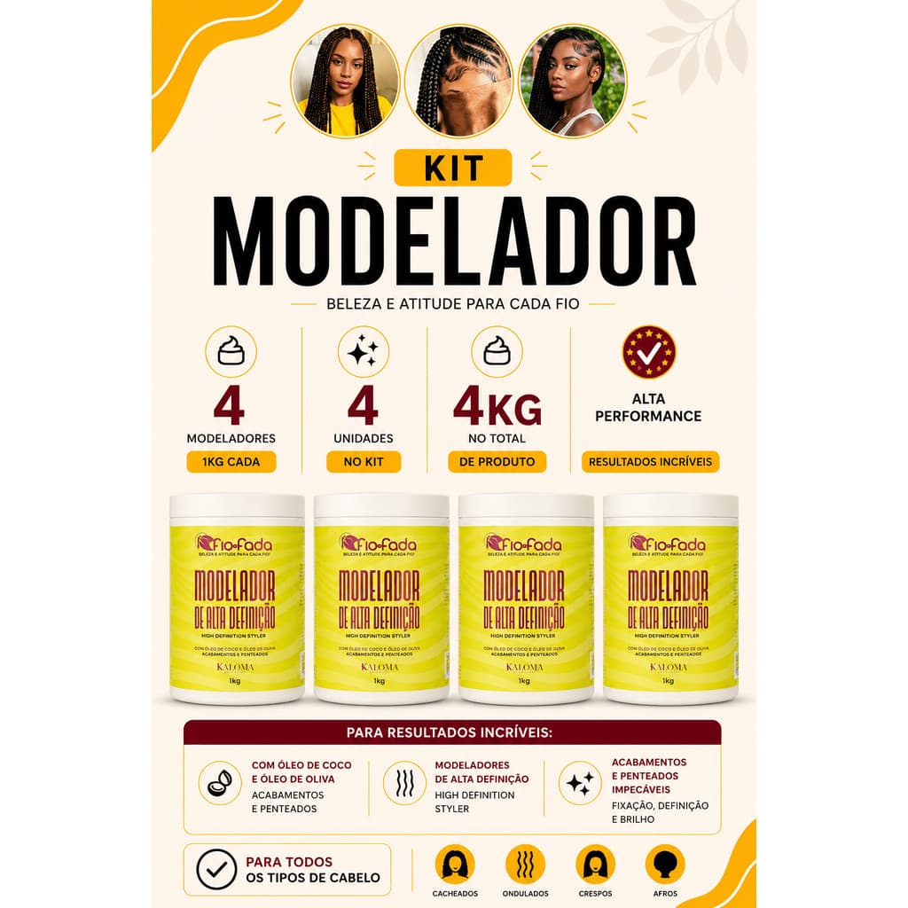 Kit Trancista Fio de Fada 4 Modeladores 1KG Pomada Modeladora Definição Tranças Anti Frizz