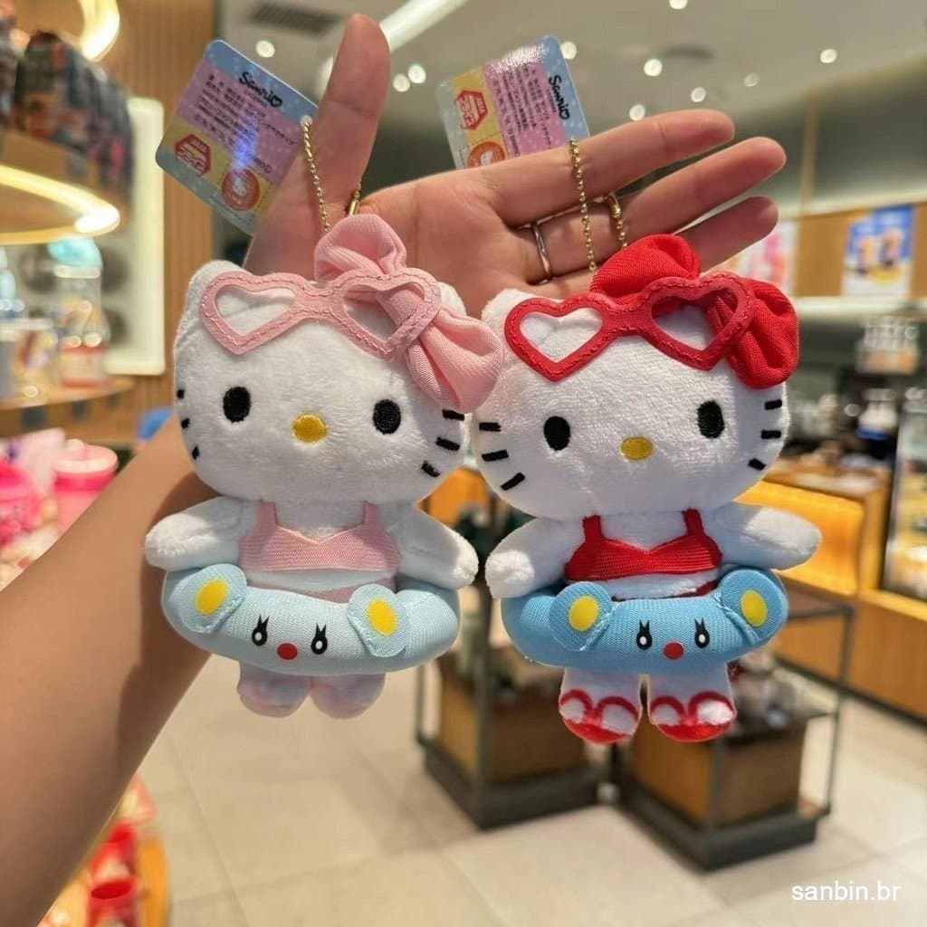 Brinquedos de Pelúcia Kawaii Sanrio Hello Kitty em Biquíni, Boia de Natação KT, Chaveiro Fofo, Pingente de Aniversário J