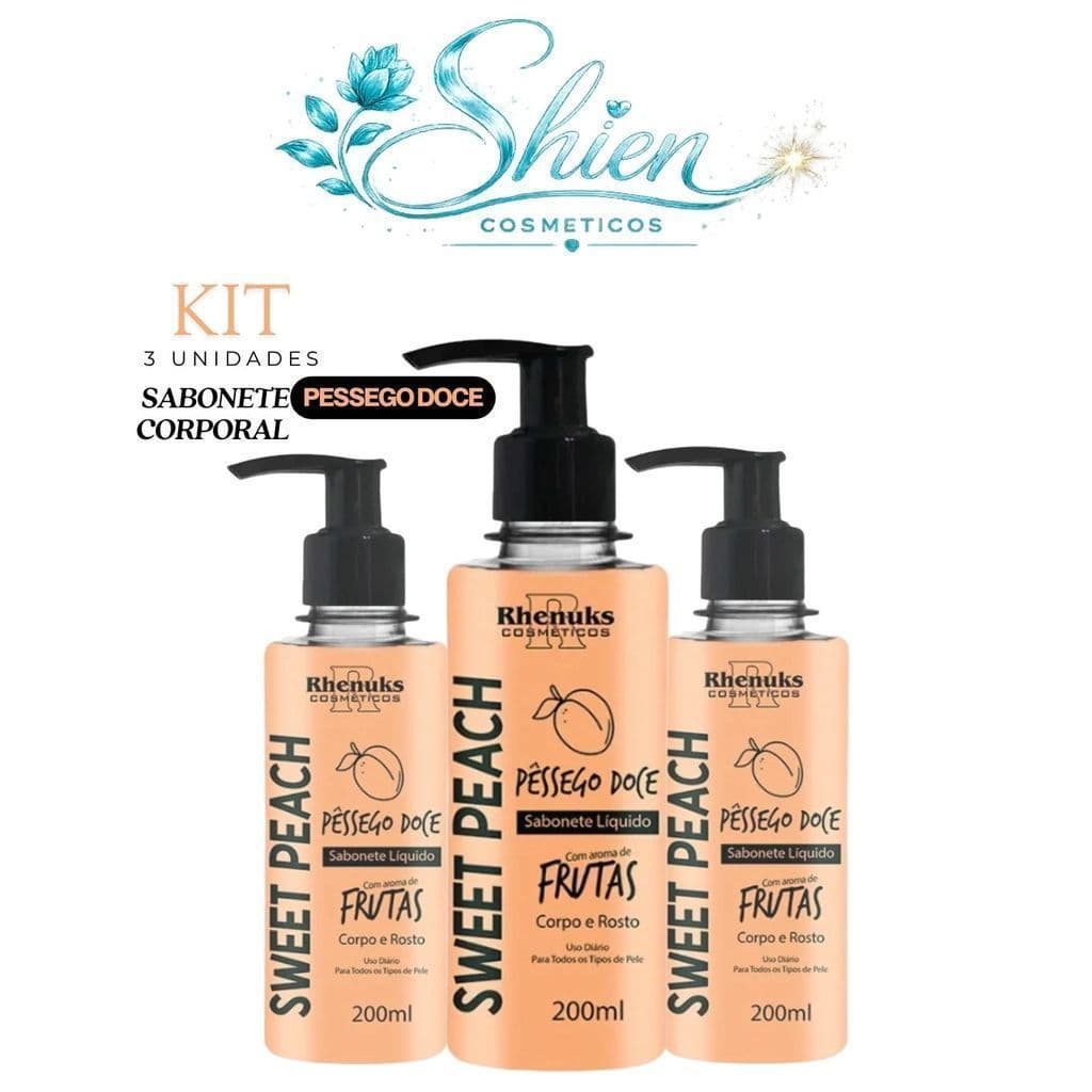 Kit 03 Sabonete Liquido Frutas Corpo e Rosto Pessego 200ml Rhenuks (Afilhado)