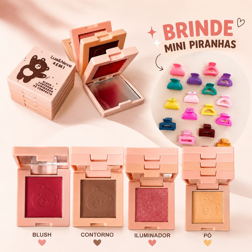Mini Quarteto 4 em 1 Lua e Neve Blush, Contorno, Iluminador e Pó Compacto
