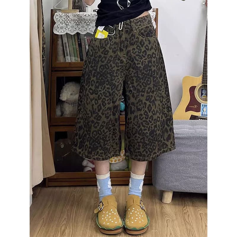 Retro americano leopardo impressão Denim Shorts feminino outono inverno novo estilo Plus Size gordura mm solto mais magr