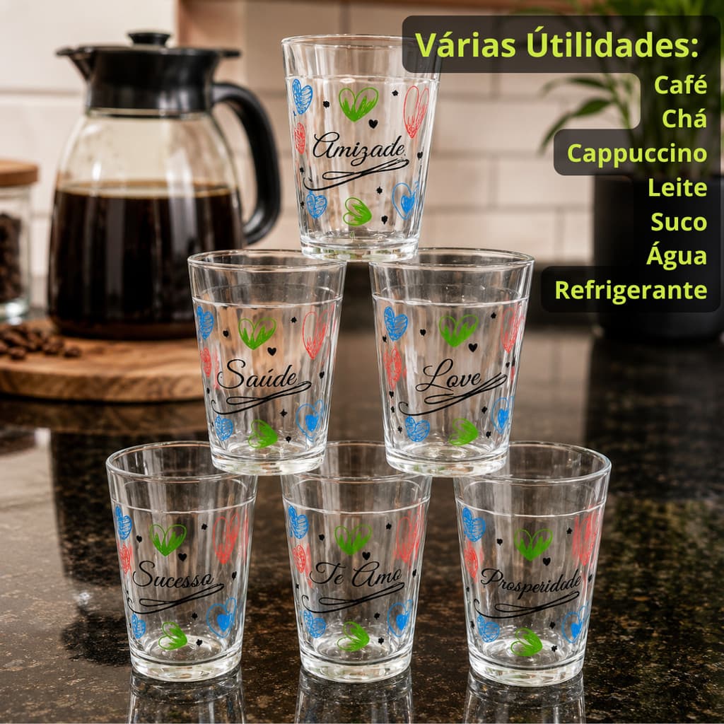Kit Jogo Copo Americano Vidro 180ml Café Cappuccino 6 Peças