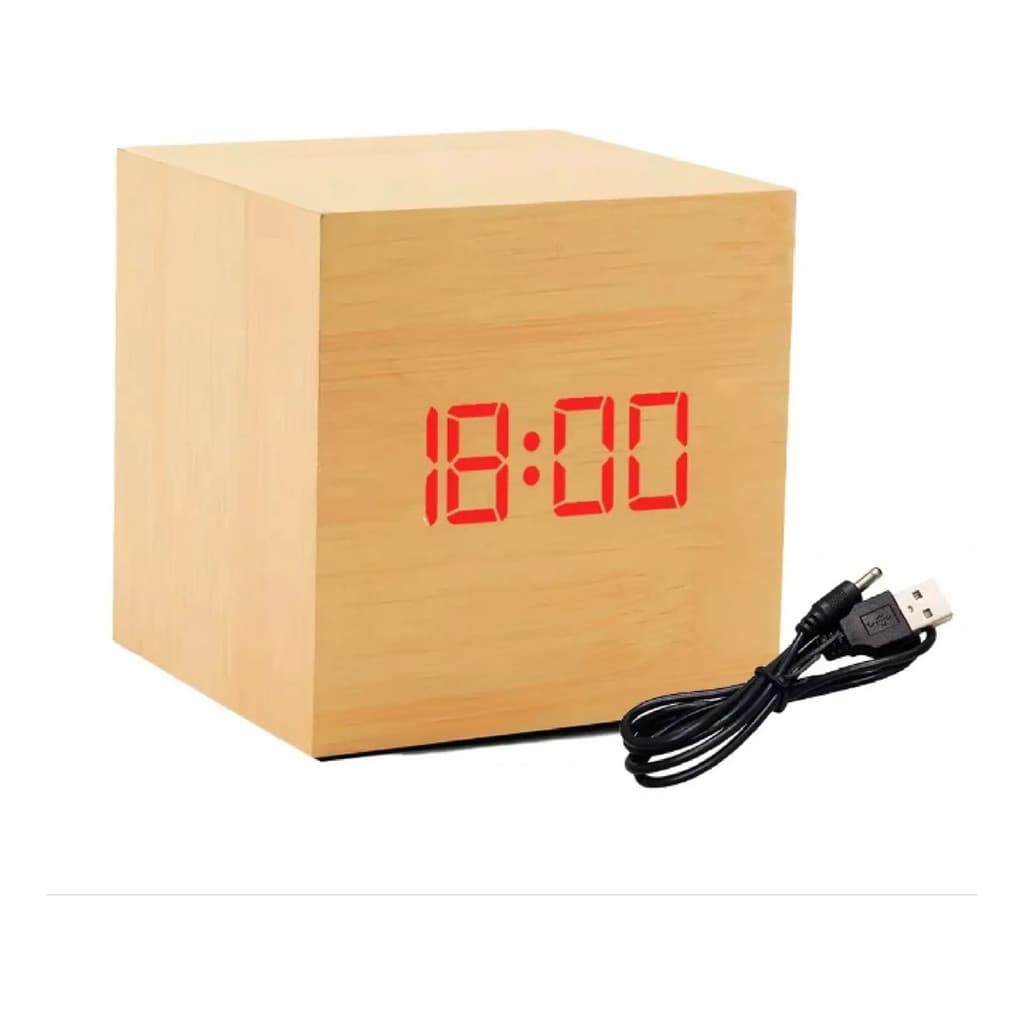 Relógio Digital de Mesa Estilo Madeira com Alarme LED USB 5V Quadrado