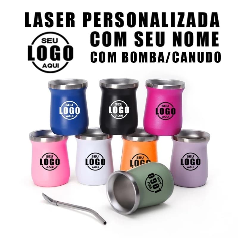 Copo Cuia Térmico 240ml Aço Inox Parede Dupla Personalizado  Tereré e Chimarrão (COM BOMBA/CANUDO)Com Marca ST@NL€Y