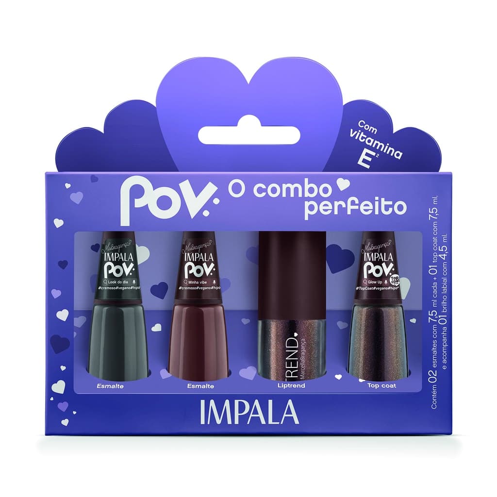 KIT IMPALA COLEÇÃO POV MARCELLA BRAGANÇA - 2 ESMALTES + 1 TOP COAT + 1 GLOSS