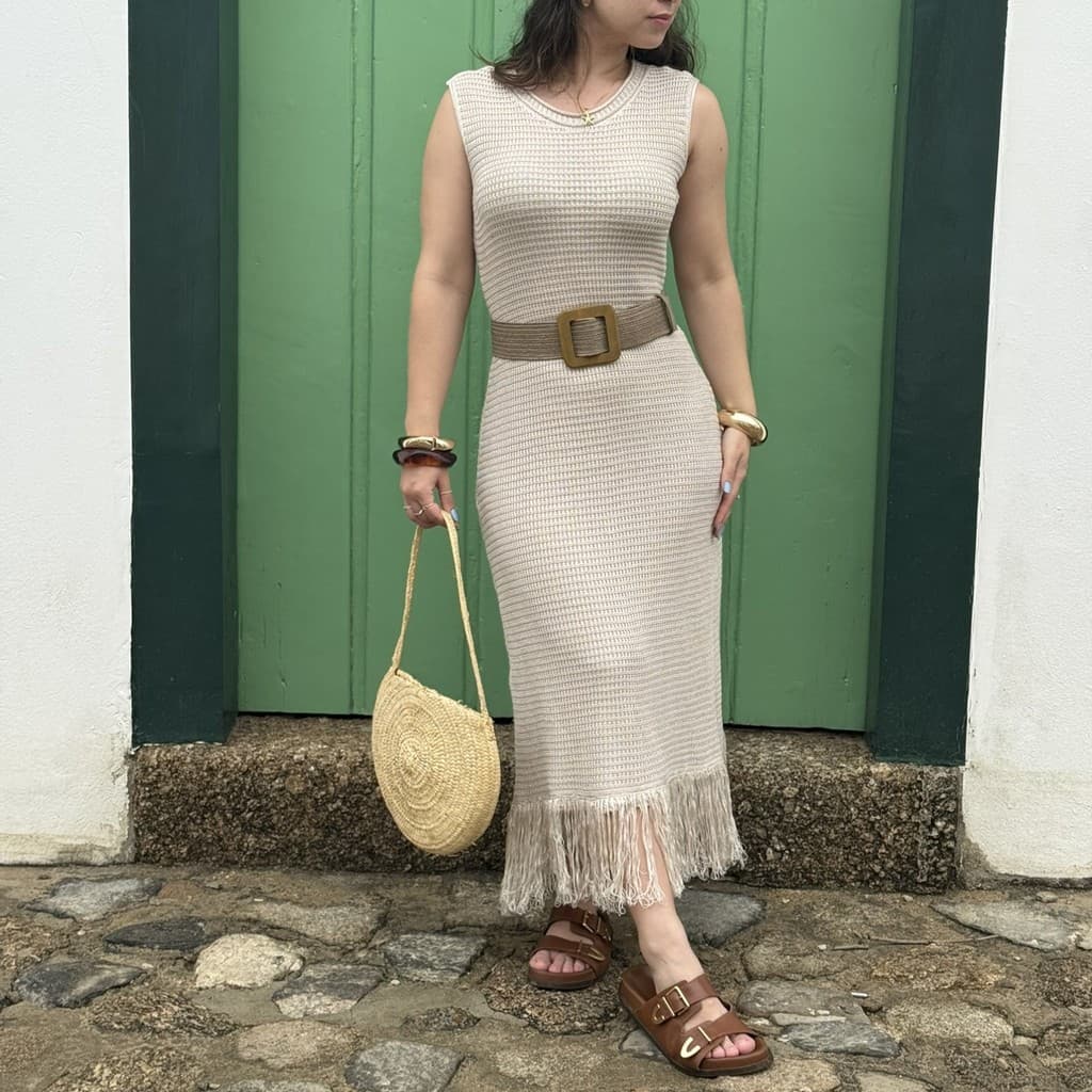 Vestido Midi Regata Tricot com Franja Moda Feminina Verão