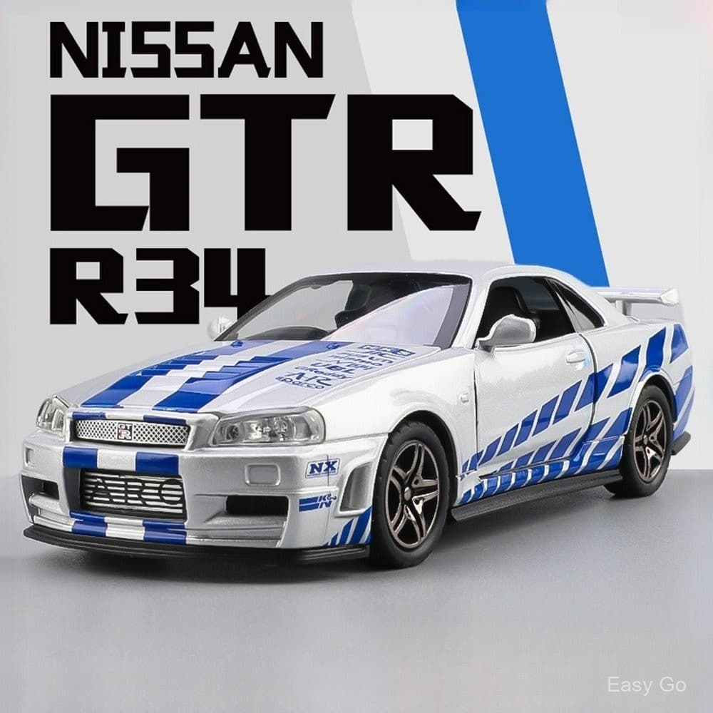 1 : 32 Nissan GTR R34 Metal Alloy Toys Car Modelo Veículo Diecast Para Meninos Simulação De Som Efeito Luz Hobbies C