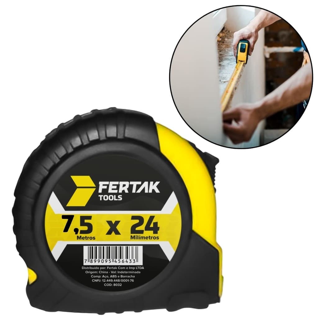 Trena Fita Métrica Emborrachada 7,5m x 24mm com Presilha Para Cinto e Alça Fertak Trena Média Profissional Obra