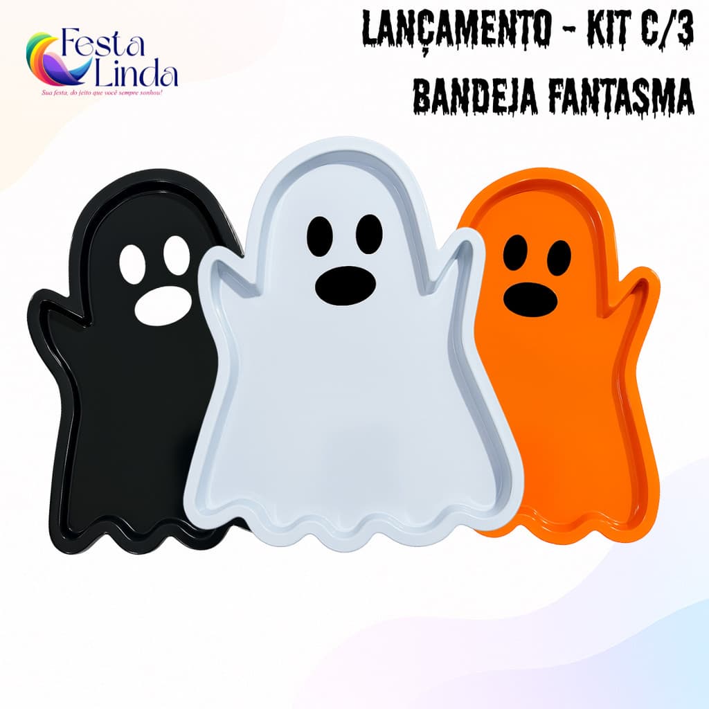 Kit c/ 3 Bandejas Petisqueira Halloween Fantasma Decoração Festa