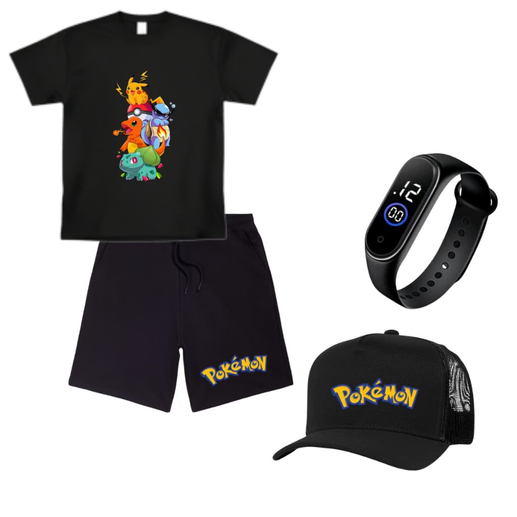 Conjunto infantil camiseta bermuda relogio Pokemon juvenil 4 ao 16