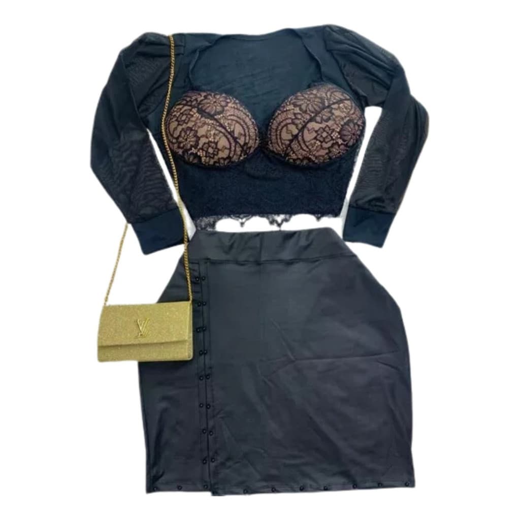 Conjunto Plus Size Saia Pedraria+ Cropped Renda Manga Tule