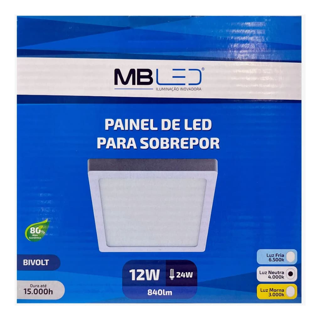Luminária Sobrepor Mb Led Painel 12w Quadrado Branco 4000k