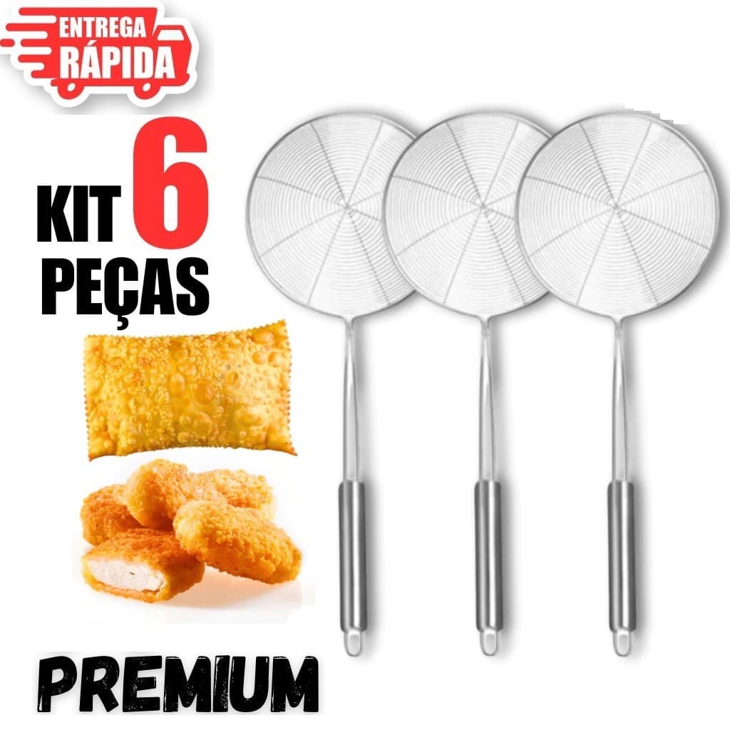 6 Peças Escumadeira de Fritura 13x34cm em Aço Inox Ideal Para Batata, Pastel, Salgado e Cozinha