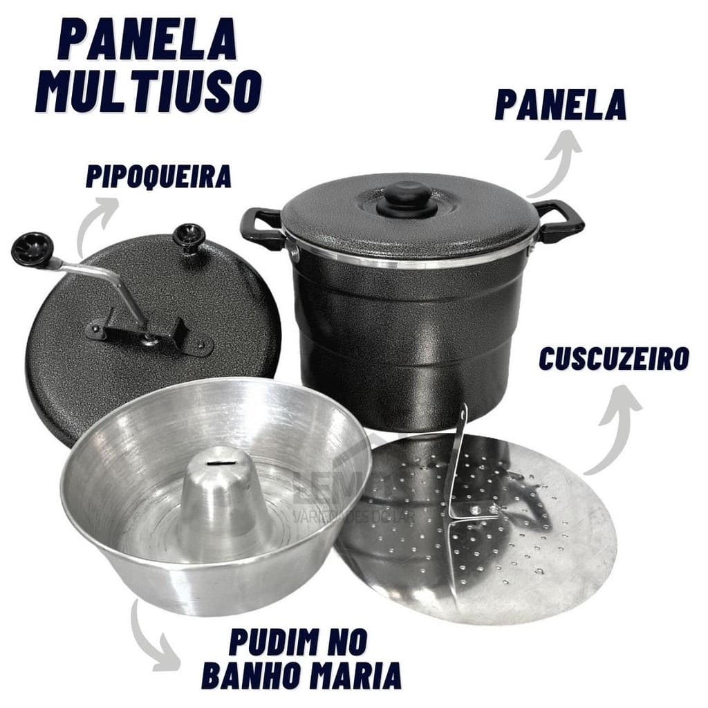 Cuscuzeiro 4 em 1 Em Alumínio N20 Panela Multiuso Pipoqueira Faz Pudim Cuscuz Pipoca