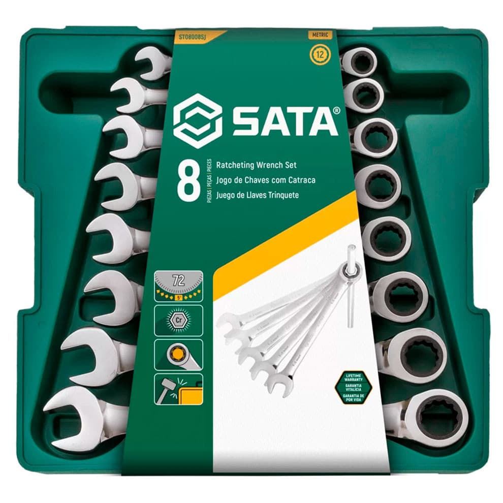 Jogo de Chave Combinada com Catraca 8mm a 19mm com 8 Peças Sata