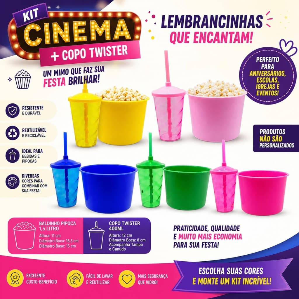 Kit Cinema 15 Copos Twister 400ml + 15 Balde Pipoca 1,5 Lt