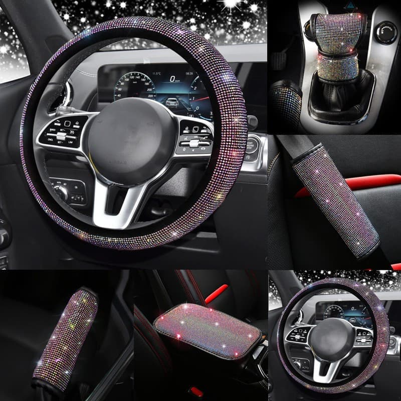 Capa de volante de carro com diamantes, almofada de ombro com diamantes, capa de freio de mão e alavanca de câmbio, capa