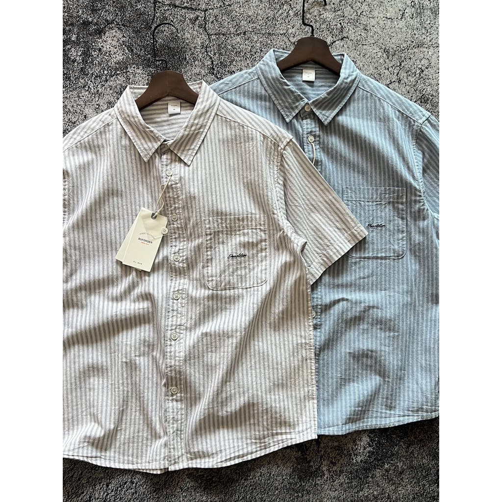 Americano Retro estilo Preppy verão manga curta solta camisa listrada bolso único bordado puro algodão masculino metade