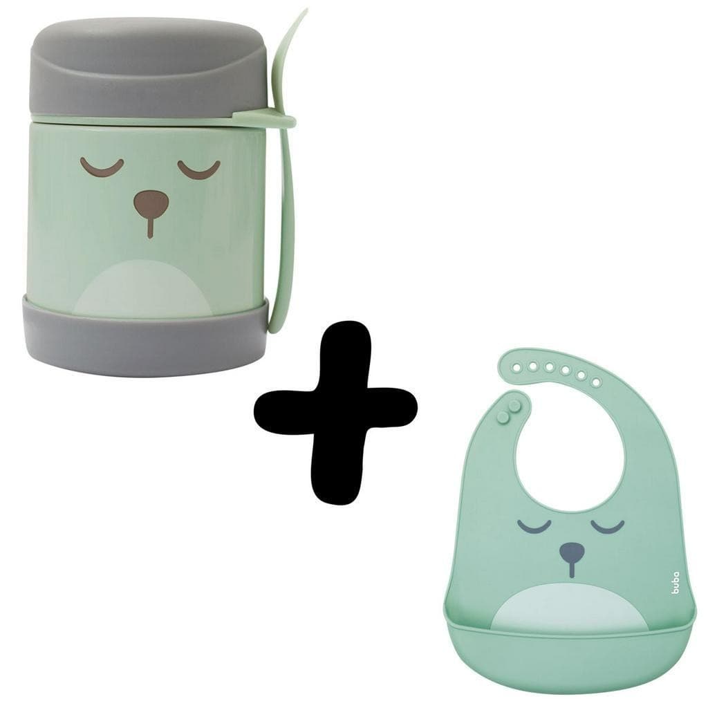 Kit Pote Termico + Babador de Silicone Pega Migalhas Verde Buba