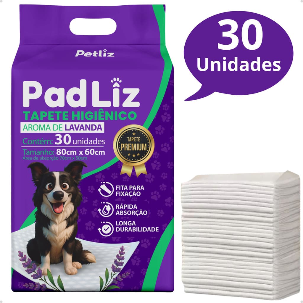 Tapete Higienico Lavanda para Cachorro Padliz 80 x 60cm - 30 Unidades - Petliz
