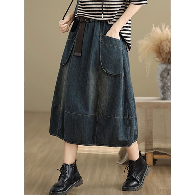Tamanho grande saia jeans feminina primavera outono cintura elástica solta mais magro olhar Casual All-Match em linha re