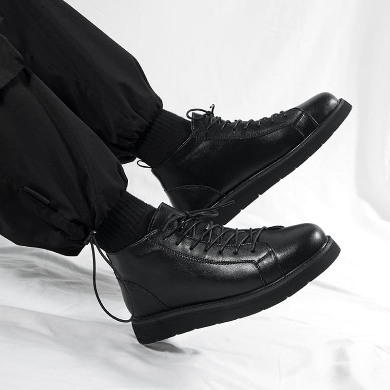 Estilo britânico preto Martin botas masculinas de cano médio couro genuíno botas de carga preto sapatos de couro de alta
