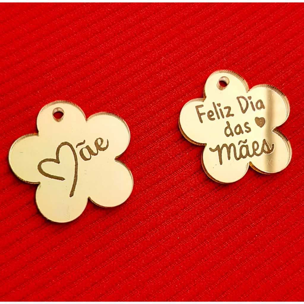 Aplique  Tag  Acrílico Espelhado Dourado Flor com gravação feliz dia das Mães ou Mãe 20 pçs