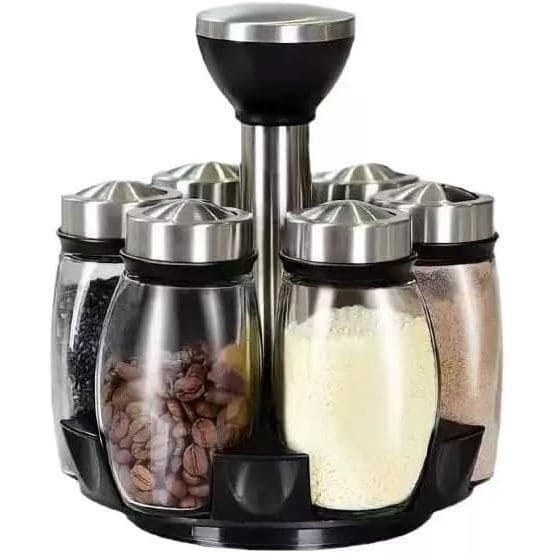 Conjunto de armazenamento de especiarias giratório para cozinha, suporte giratório de 360 graus, 6 potes de vidro, etiqu