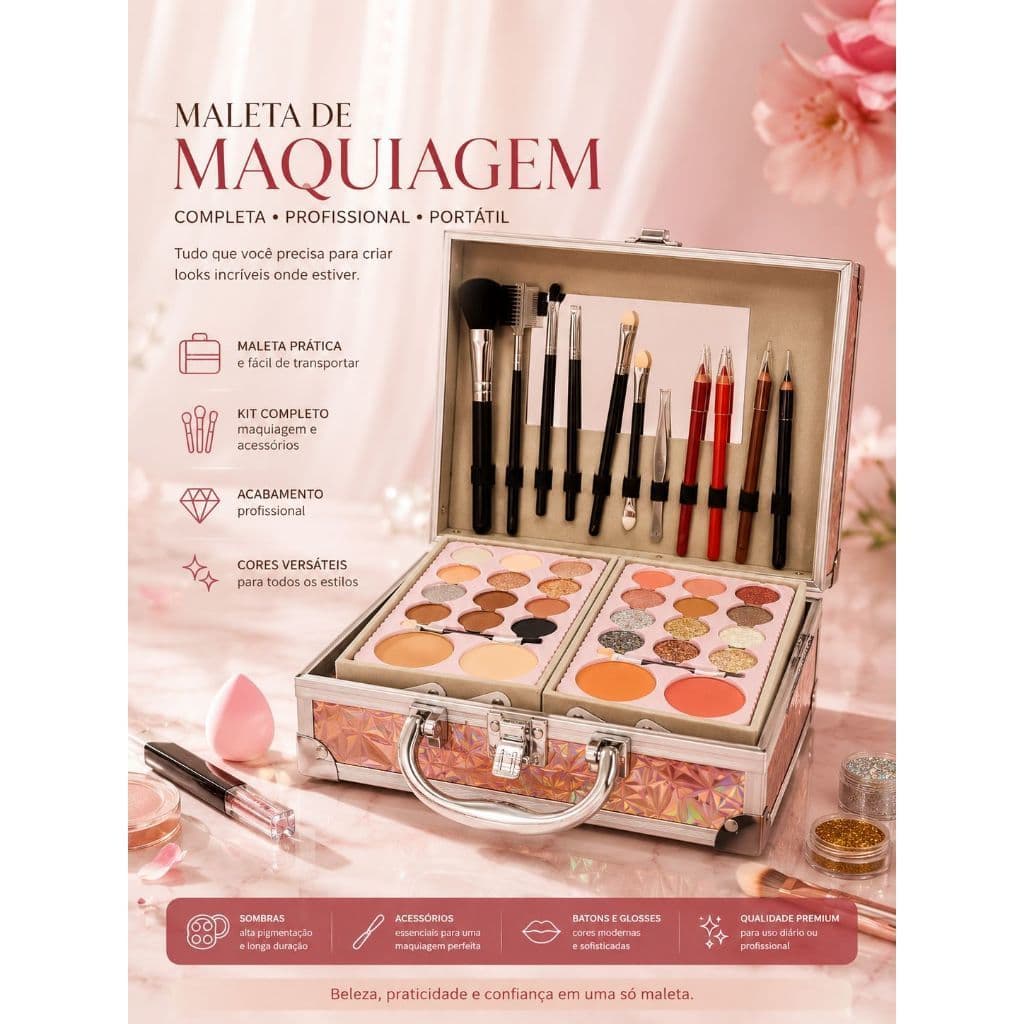 Maleta Completa de Maquiagem Luxo Presente Dia dos Namorados Sombra Blush Iluminador YOYO MAQUIAMOR