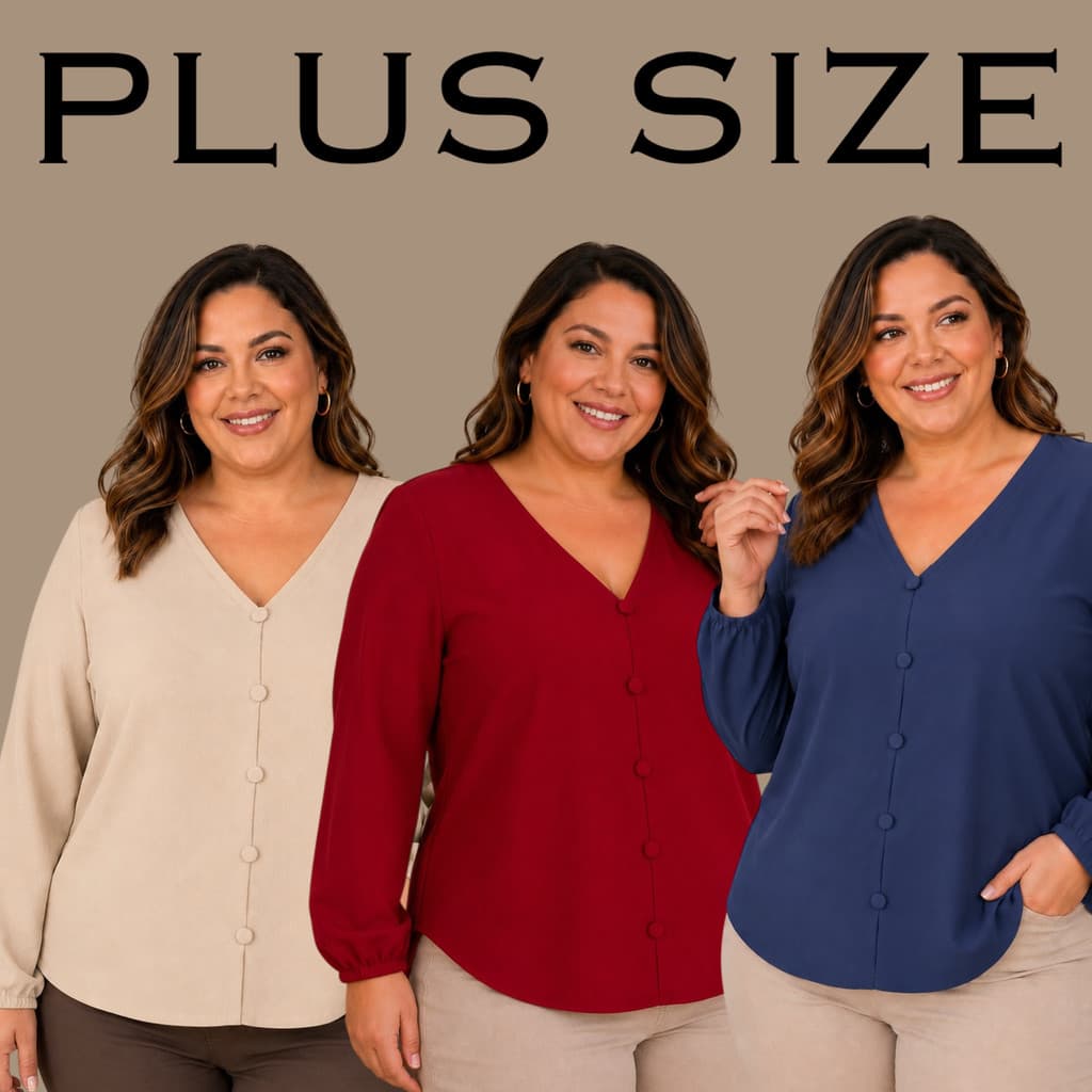 Blusa Feminina Plus Size Manga Longa com Botões Encapados Elegante GG G1 G2 G3