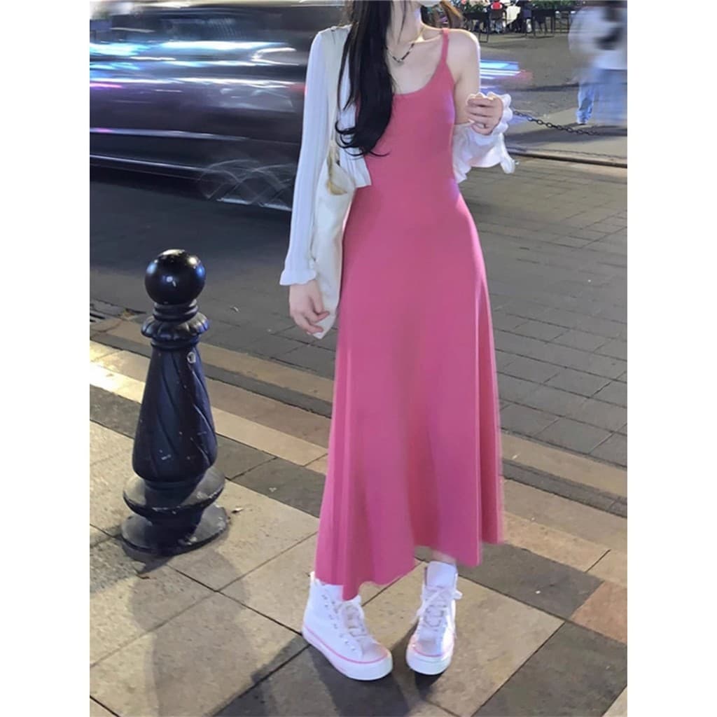 Roupas femininas estilingue vestido rosa feminino verão novo estilo exterior wear quente menina chique cintura estreita