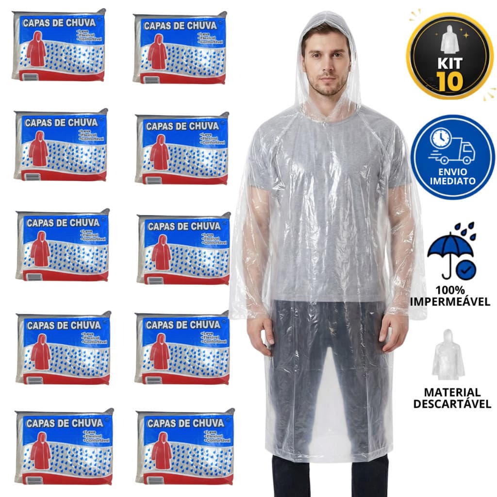 Kit 10 Capa De Chuva Descartavel Transparente Show Evento Trabalho Entrega Motoboy Viagem Reforcada