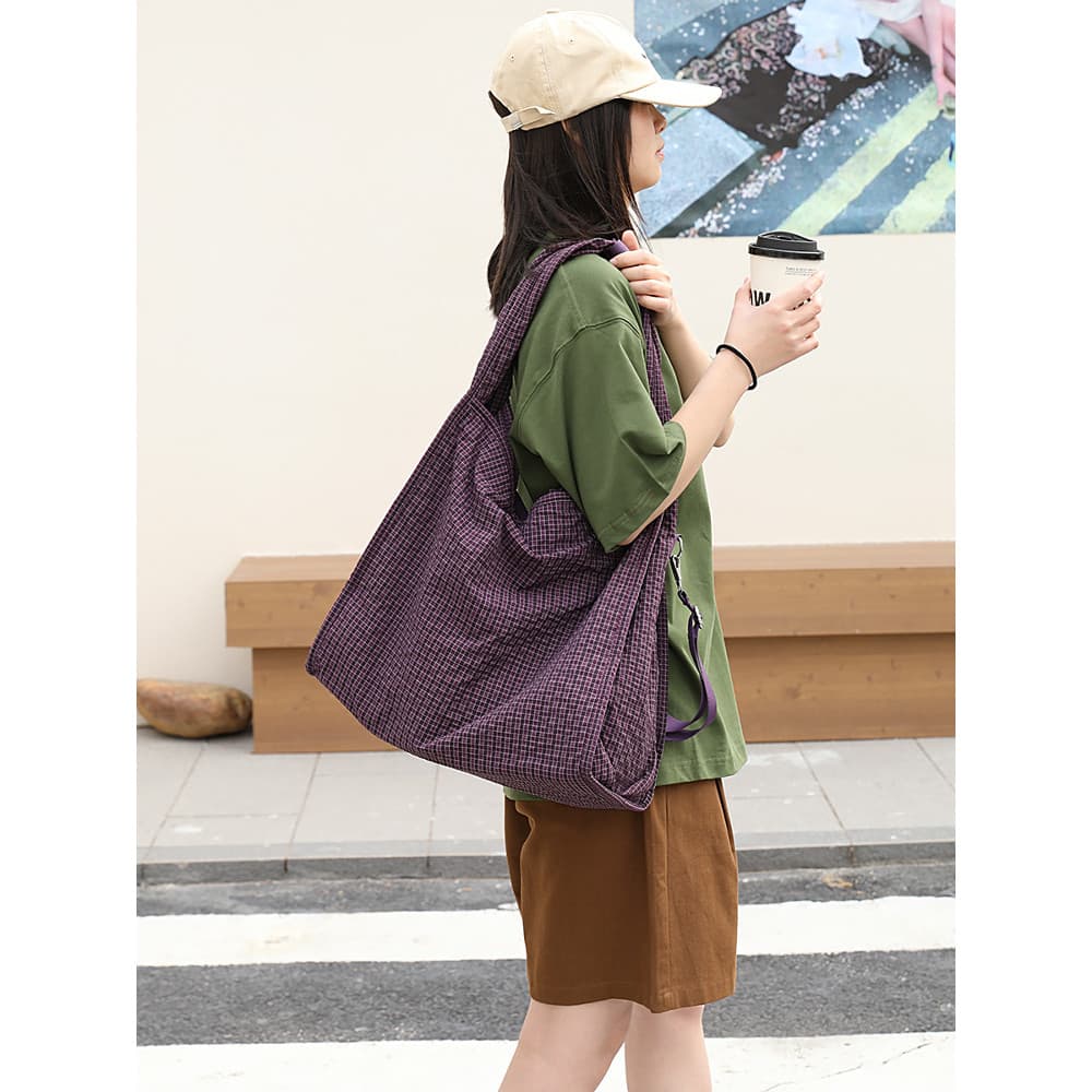 Japonês Casual xadrez lona sacola feminina estilo preguiçoso grande capacidade bolsa de ombro All-Match Commuter sacola
