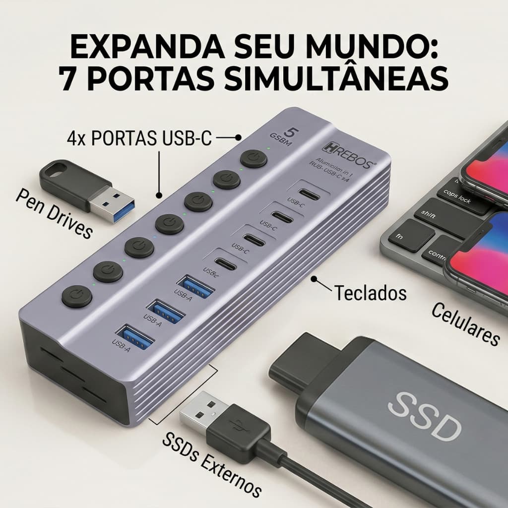 HREBOS x HEYOO Hub USB 7 em 1 Alumínio 3 USB-A + 4 USB-C 5Gbps Interruptores Individuais Fonte DC
