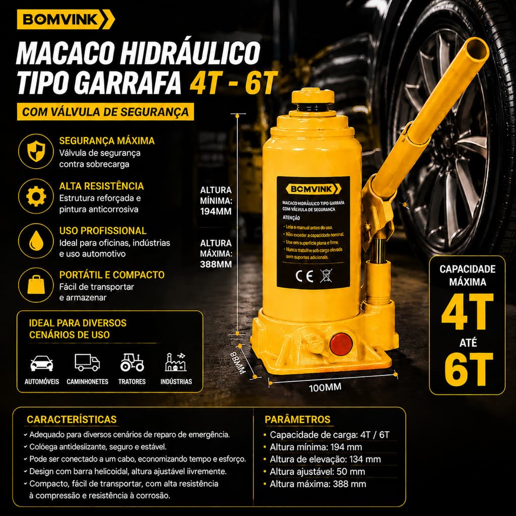 Macaco Hidráulico Tipo Garrafa 2/6 Toneladas Kit Completo com Cabo de Acionamento, Ideal para Oficinas e Uso Doméstico