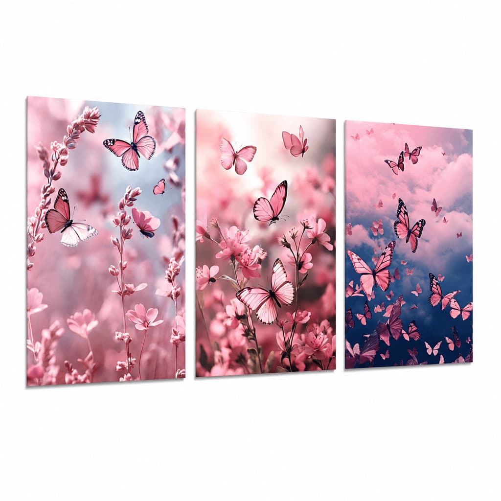 Quadros Decorativos Trio Borboletas Rosa Floral Sala Quarto Feminino Moderno Sem Moldura