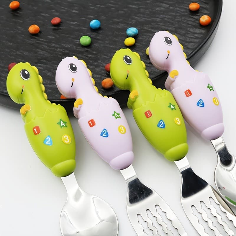 Conjunto de Jantar para Jovens com 2 Peças - Garfo e Colher de Aço Inoxidável com Cabos Coloridos de Dinossauro, Talhere