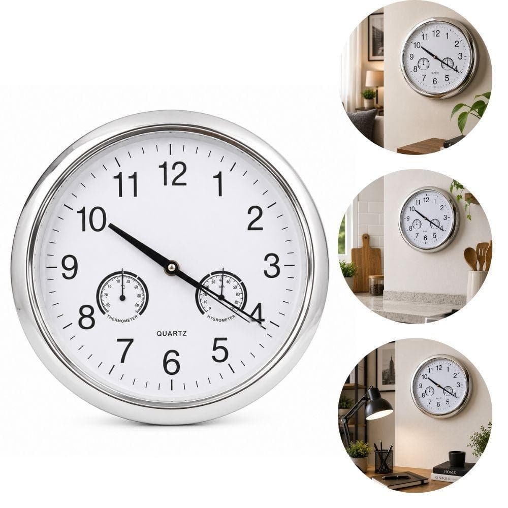 RELOGIO PAREDE TERMOMETRO HIGROMETRO PRATA DECORATIVO MODERNO LUXO ILUSTRATIVO SALA ESCRITORIO COZINHA