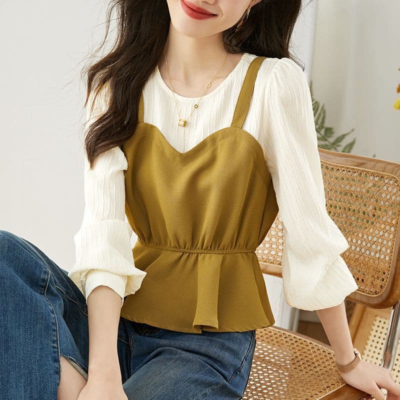 Francês High-End temperamento falso de duas peças moda camisa feminina início da primavera Design babados em torno do pe