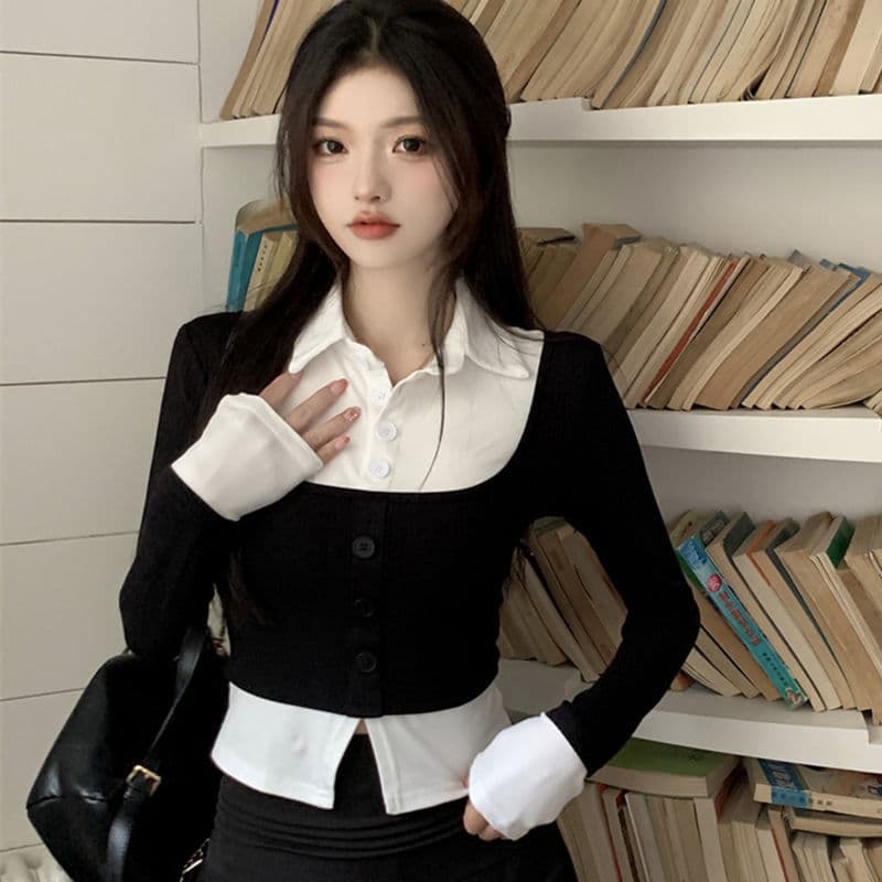 Outono novo estilo estilo Preppy doce picante gola Polo falso de duas peças topo feminino fino-ajuste mais magro olhar c