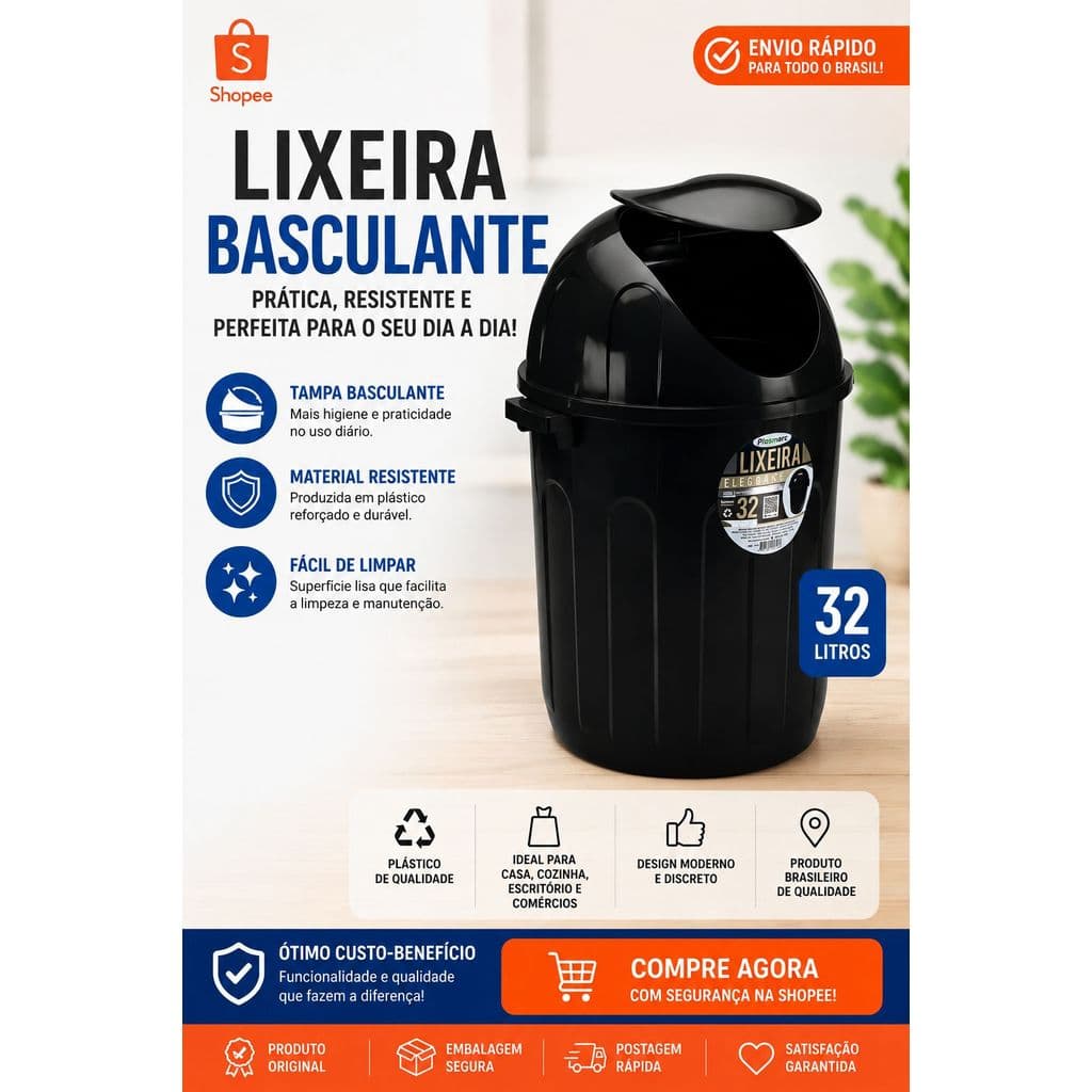 Lixeira Elegance Basculante 32L para Cozinha e Escritório