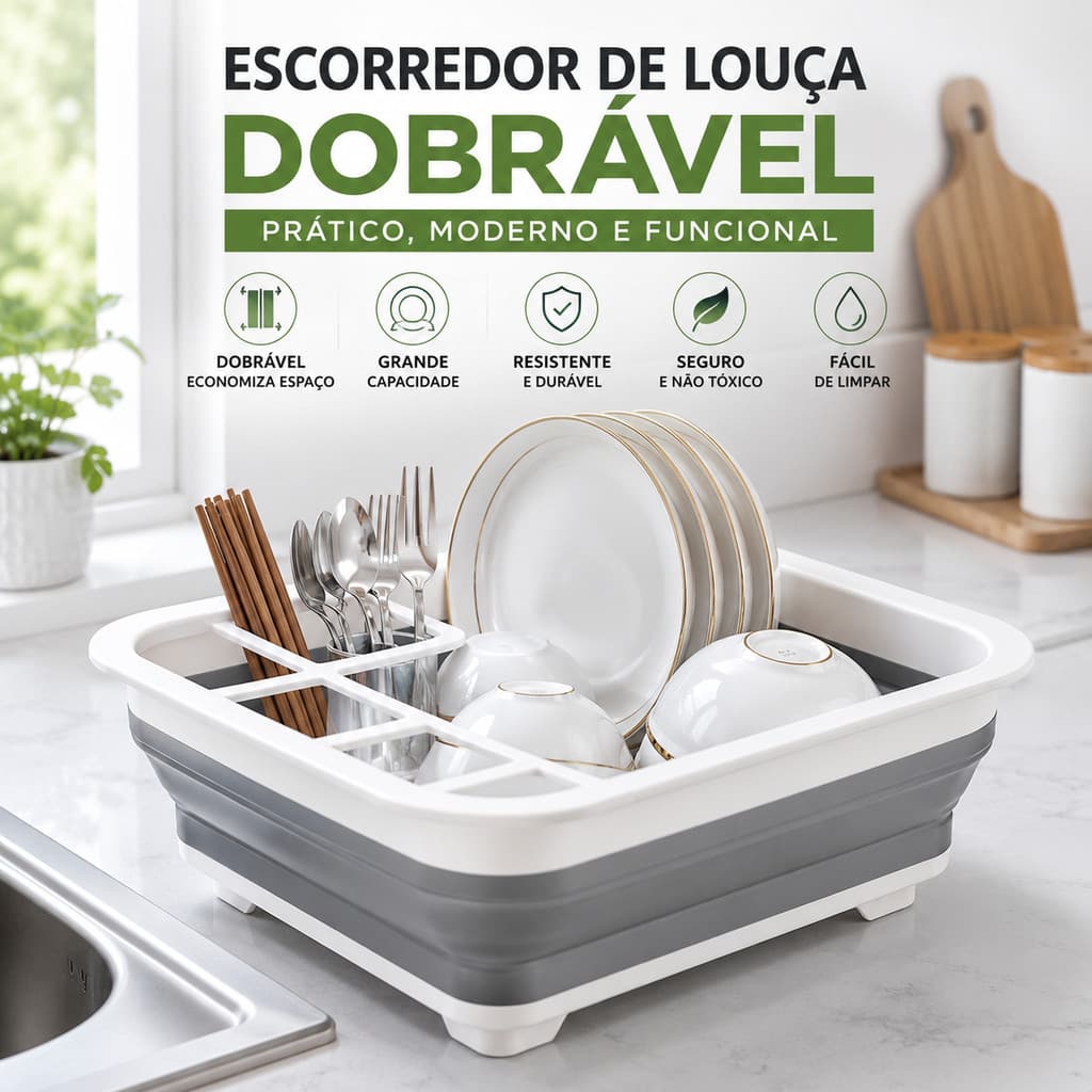 Escorredor de Louça Dobrável Retrátil Organizador de Pia com Porta Talheres