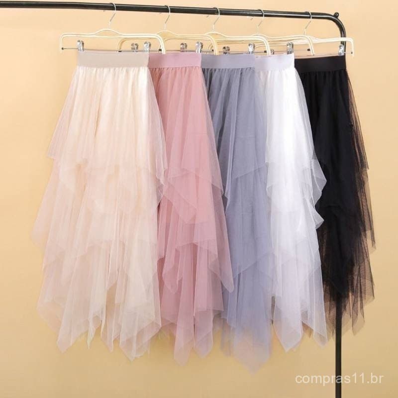 Saia de tule plissada de cintura alta de três camadas, saia de comprimento médio adequada para meninas e mulheres M9F4