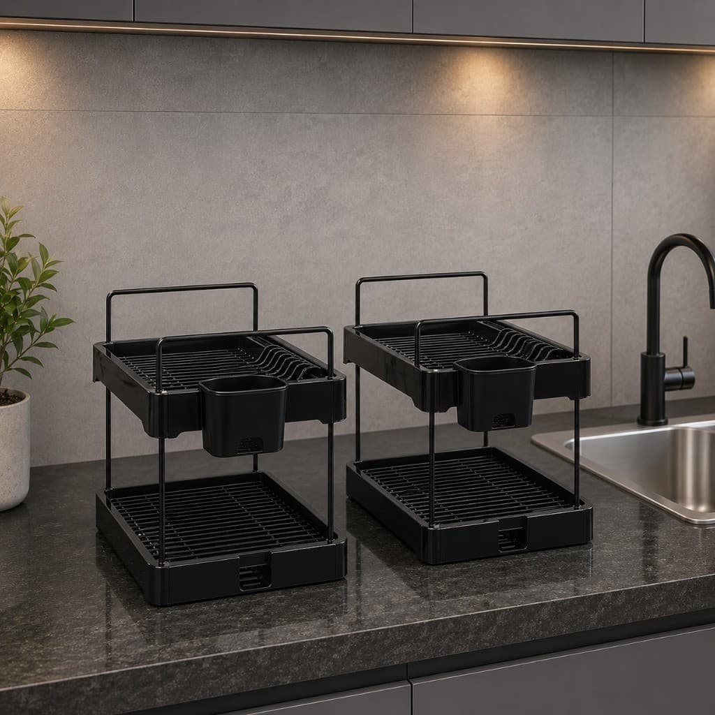 Kit 2 Escorredor de Pratos Premium Preto Organizador de Cozinha Compacto e Multifuncional