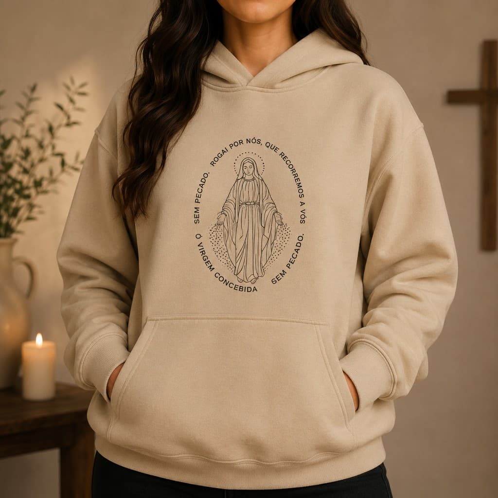 Moletom Canguru Maria Concebida Nossa Senhora Com Capuz e Bolso Flanelado
