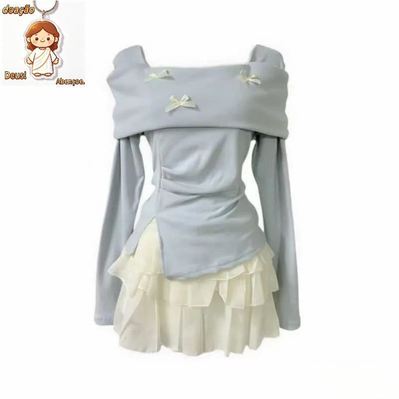 Conjunto Feminino De Verão Doce E Fofo , Ombro De Fora , Manga Comprida , Top + Saia De Cor Sólida , De Duas Peças